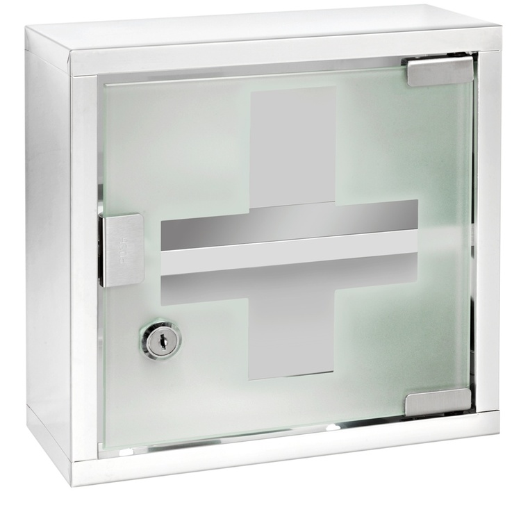 Medicinskåp med glasdörr, låsbart, MEDICINE CABINET, 25 x 12 x H 25 cm, Silver / Klar