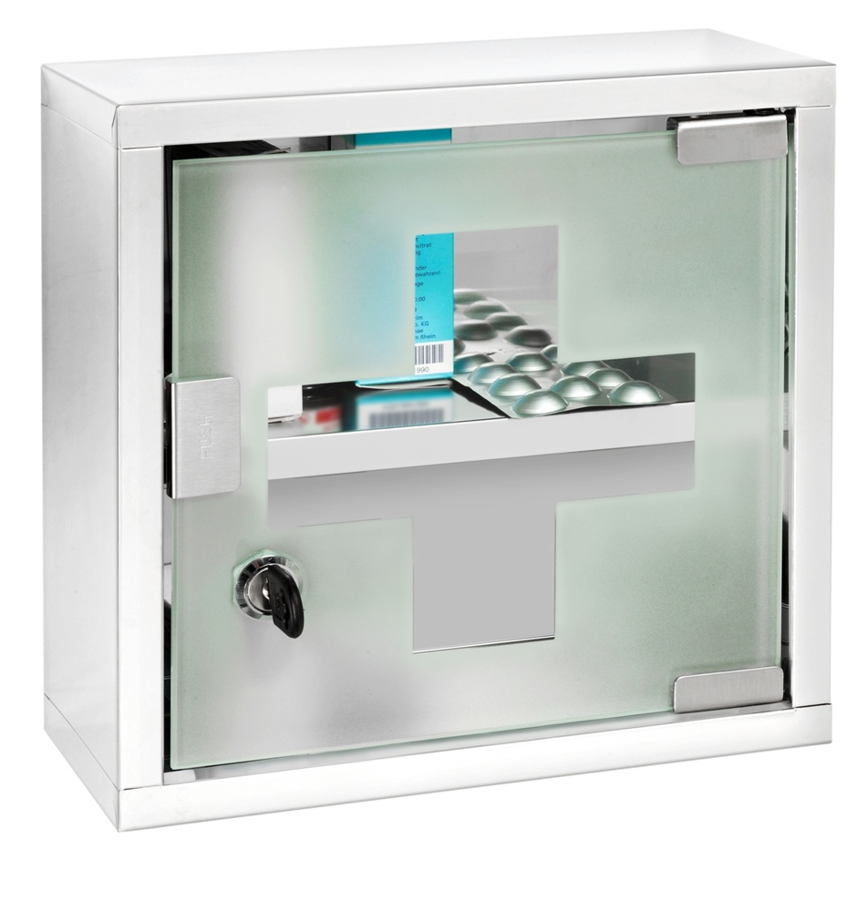 Medicinskåp med glasdörr, låsbart, MEDICINE CABINET, 25 x 12 x H 25 cm, Silver / Klar
