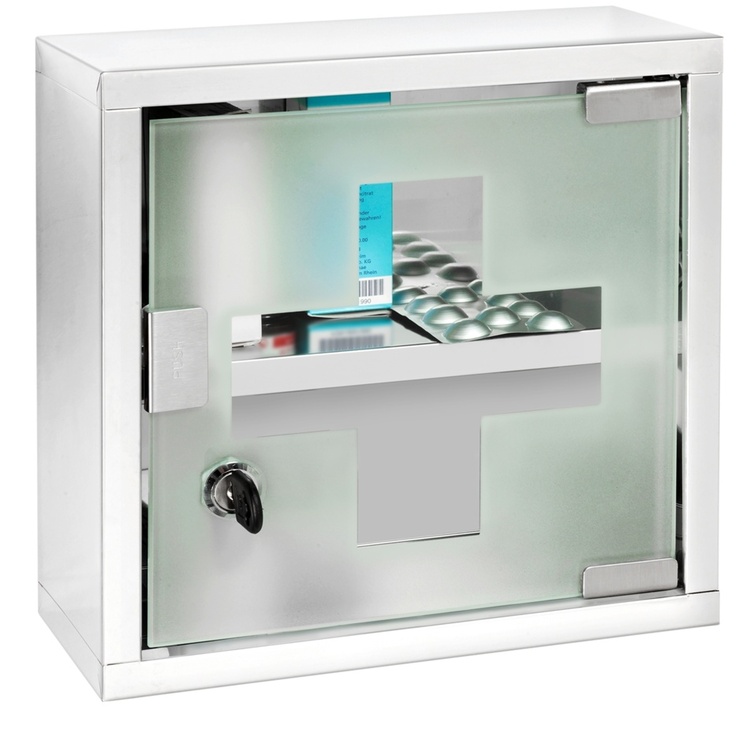 Medicinskåp med glasdörr, låsbart, MEDICINE CABINET, 25 x 12 x H 25 cm, Silver / Klar