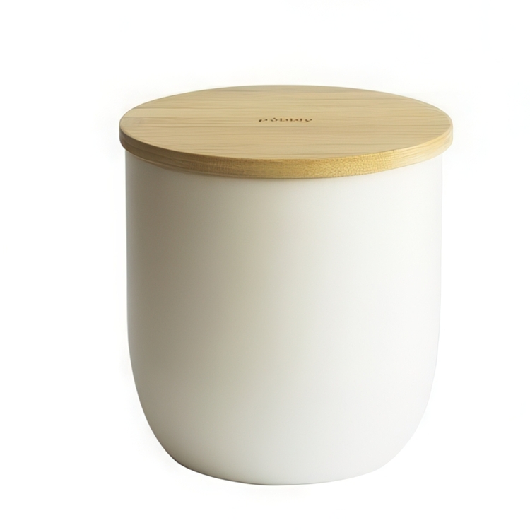 Metallburk med bambulock, 2,3 L, PEBBLY OPAQUE CEREAL JAR, Offwhite / Natur