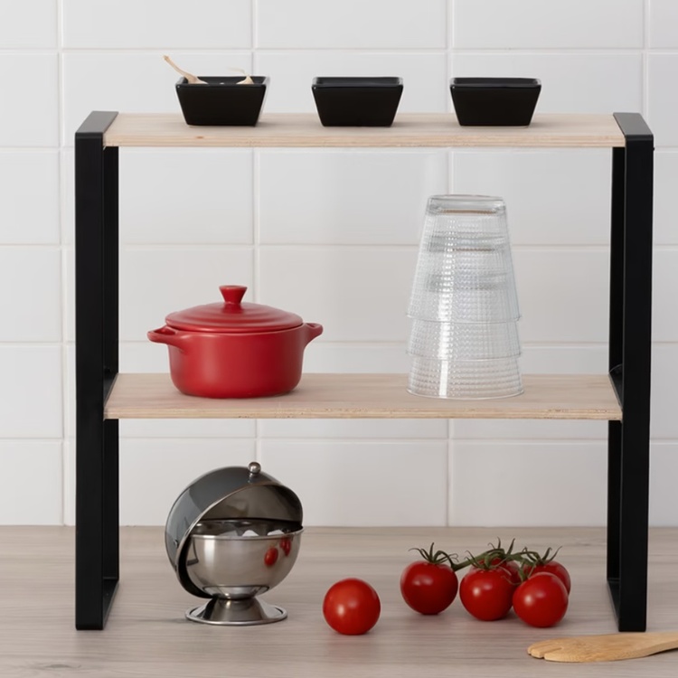 Mini-Hylla, 2-plan, BLACK & WOOD KITCHEN RACK, 40 x 18 x H 35 cm, Natur / Svart