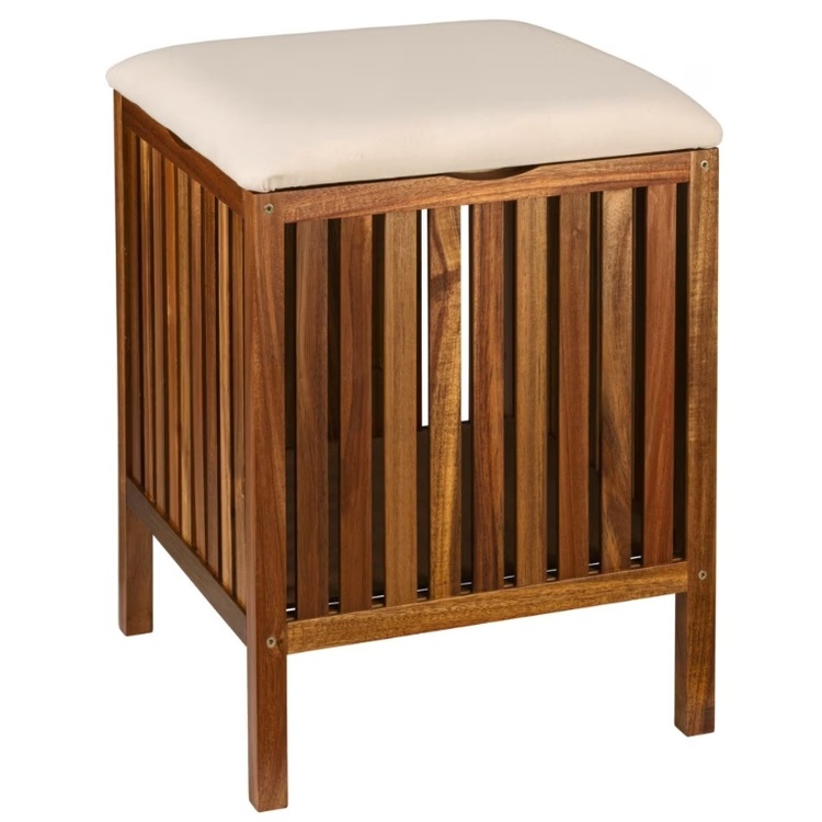 Pall i akaciaträ med förvaring, FONDI, 39 x 39 x H 52 cm, Brun / offwhite