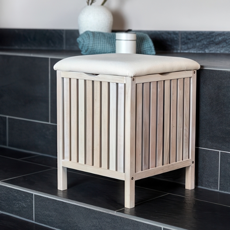 Pall i valnöt med förvaring, NORWAY, 39 x 39 x H 52cm, Vit-kalkad / offwhite