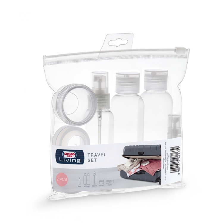 Resekit med mini-burkar, Set med 7 delar, LIVING TRAVEL SET, Klar