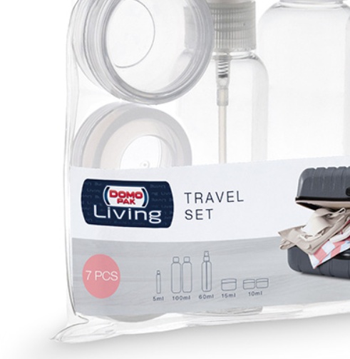 Resekit med mini-burkar, Set med 7 delar, LIVING TRAVEL SET, Klar