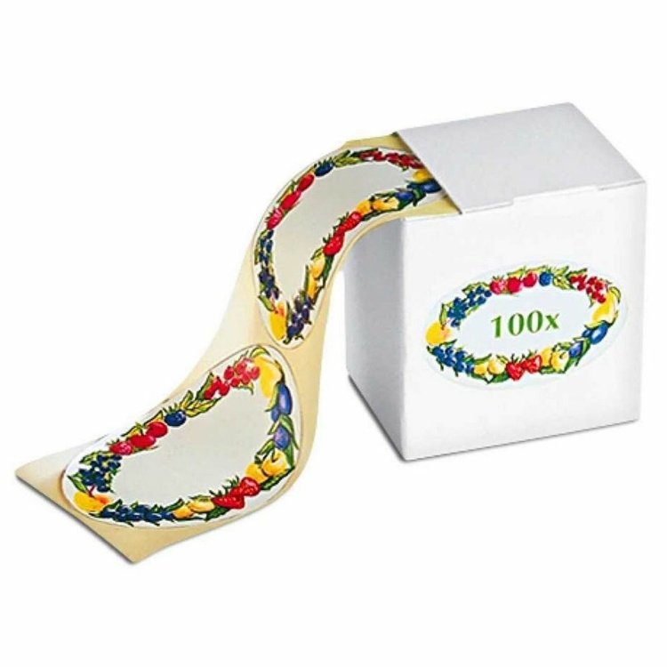 Självhäftande etiketter, 100 st, FRUIT BORDER, 7 x 4,5 cm, Vita med fruktmönster