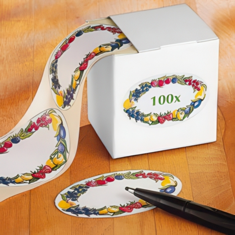 Självhäftande etiketter, 100 st, FRUIT BORDER, 7 x 4,5 cm, Vita med fruktmönster
