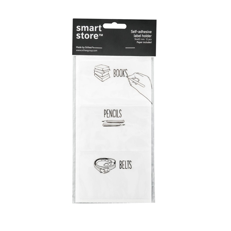 Självhäftande fickor för etiketter, 12 st, SMARTSTORE, 9,4 x 6 cm, Klar / vit