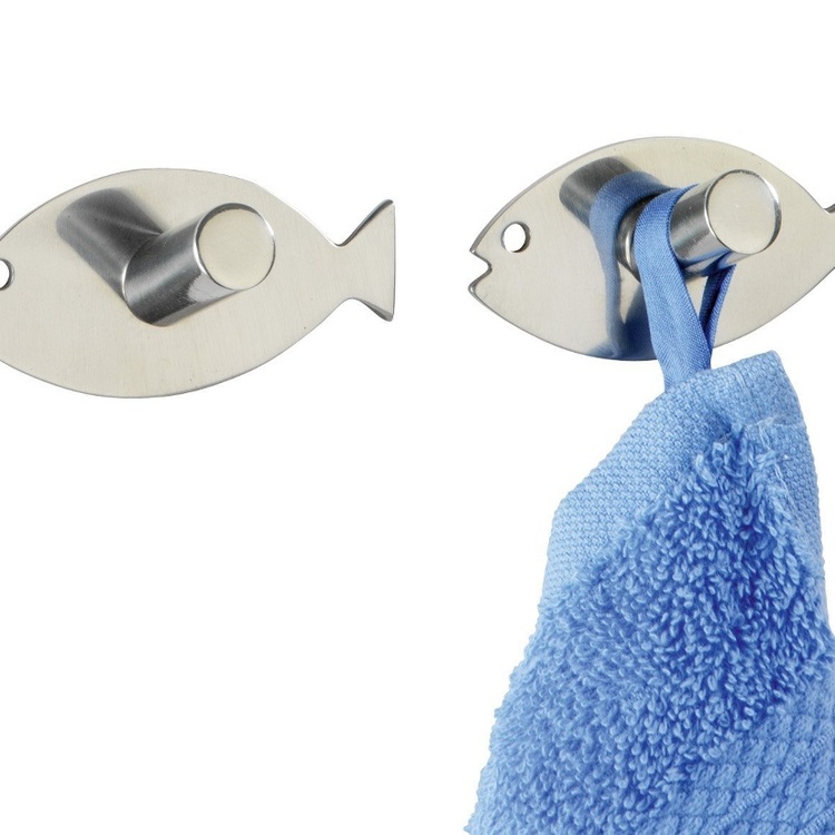 Självhäftande krokar i metall, 2 st, FISH, 6,5 x H3,2 cm, Rostfritt stål