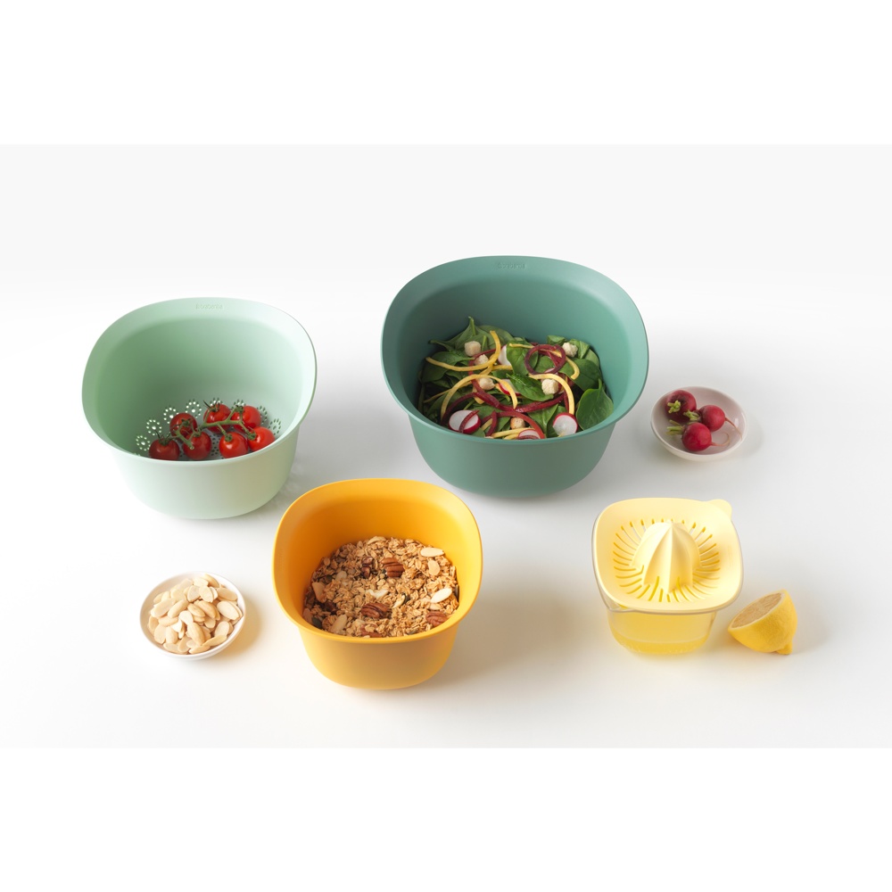 Skålar och durkslag, 4 delar, BRABANTIA MIXING BOWL SET, 25 x 25 x H 14 cm , Grön / Gul 