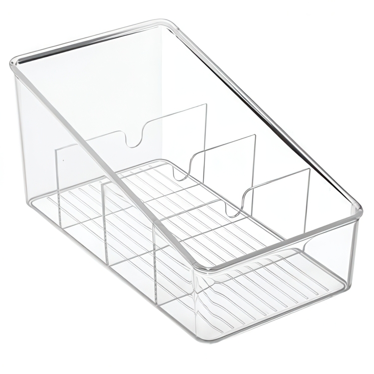 Sluttande Låda för kryddpåsar, bred, Fyra fack, COOKING PACKETS ORGANIZER, 15,2 x 26,7 cm, Transparent