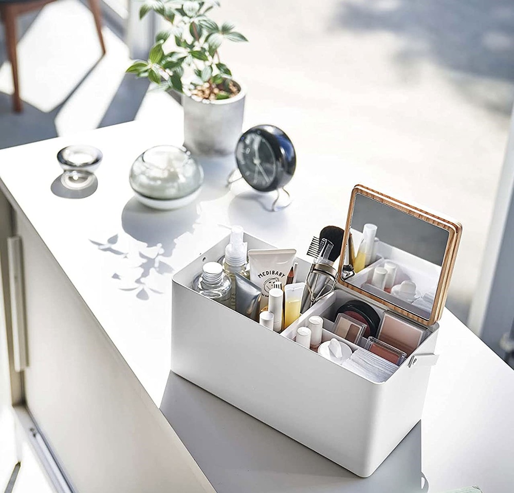 Sminklåda i metall, med spegel och handtag, TOWER MAKE UP BOX, Yamazaki, Vit / Natur
