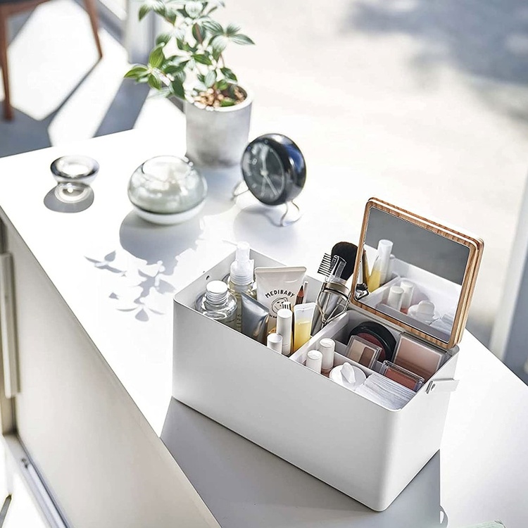 Sminklåda i metall, med spegel och handtag, TOWER MAKE UP BOX, Yamazaki, Vit / Natur