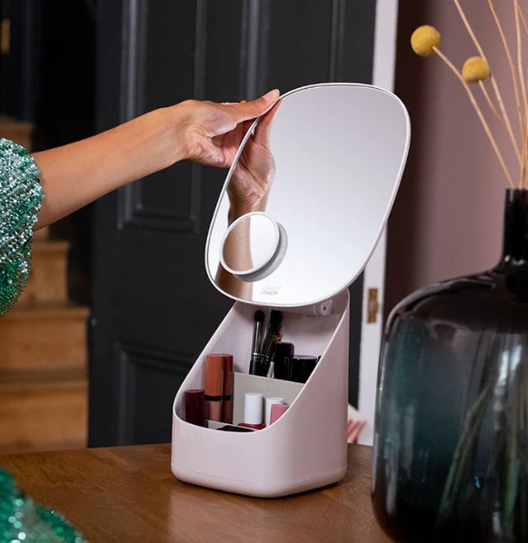 Sminkspegel med förvaring, VIVA PEDESTAL MIRROR COSMETIC ORGANISER, Joseph Joseph, Benvit