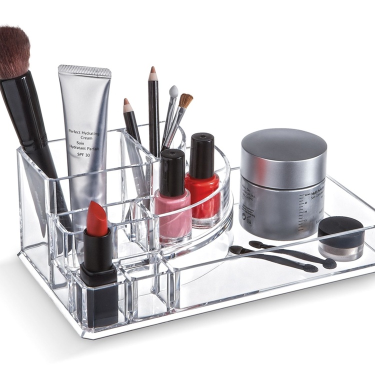 Sminkställ med bricka, LIVING MAKE UP ORGANIZER, 22,3 x 12,7 x H 8 cm, Klar akryl