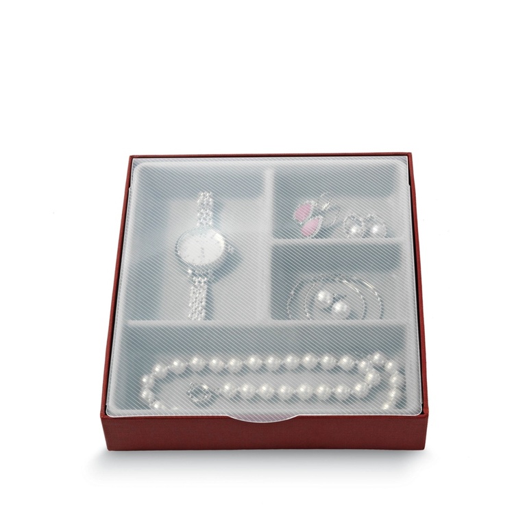 Smyckeskrin med 4 fack, BIJOUX QUATRE, 21,5 x 18,5 x H3,5 cm, Vinröd