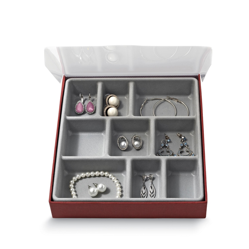 Smyckeskrin med nio fack, BIJOUX NEUF,  21,5 x 18,5 x H3,5 cm, Vinröd