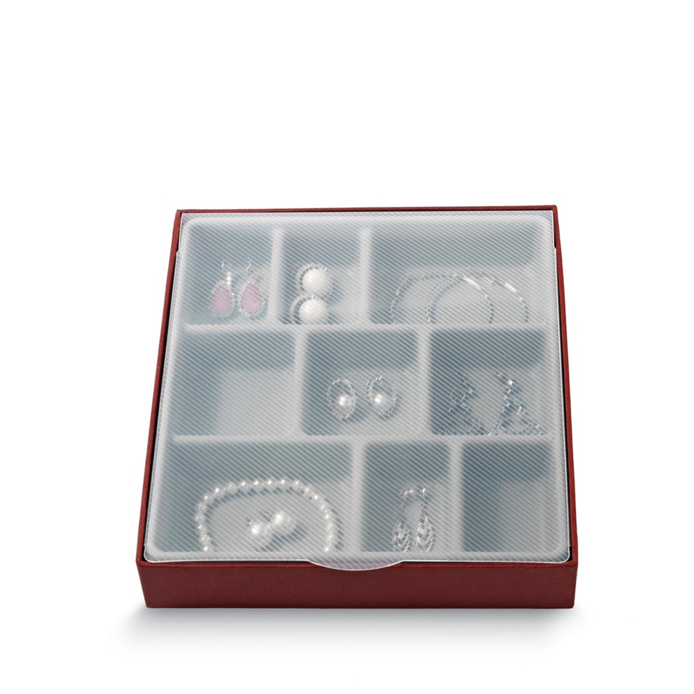 Smyckeskrin med nio fack, BIJOUX NEUF, 21,5 x 18,5 x H3,5 cm, Vinröd