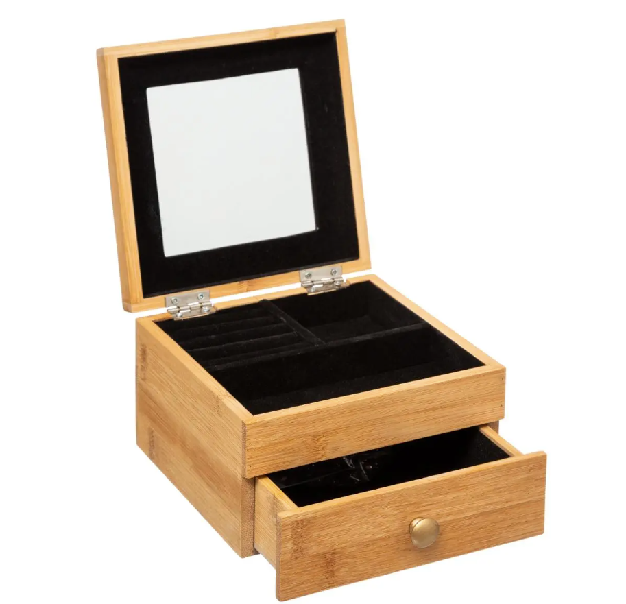 Smyckeskrin med spegel, SQUARE BAMBOO JEWELRY BOX, 15 x 15 x H 9,5 cm, Natur