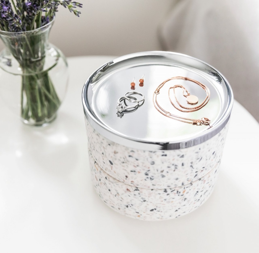 Smyckessask rund, TESORA, Ø 12,7cm, Umbra, Terrazzo / Silver
