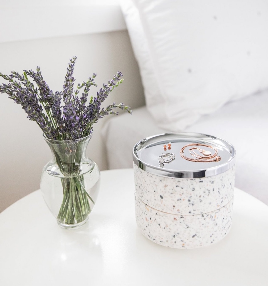 Smyckessask rund, TESORA, Ø 12,7cm, Umbra, Terrazzo / Silver