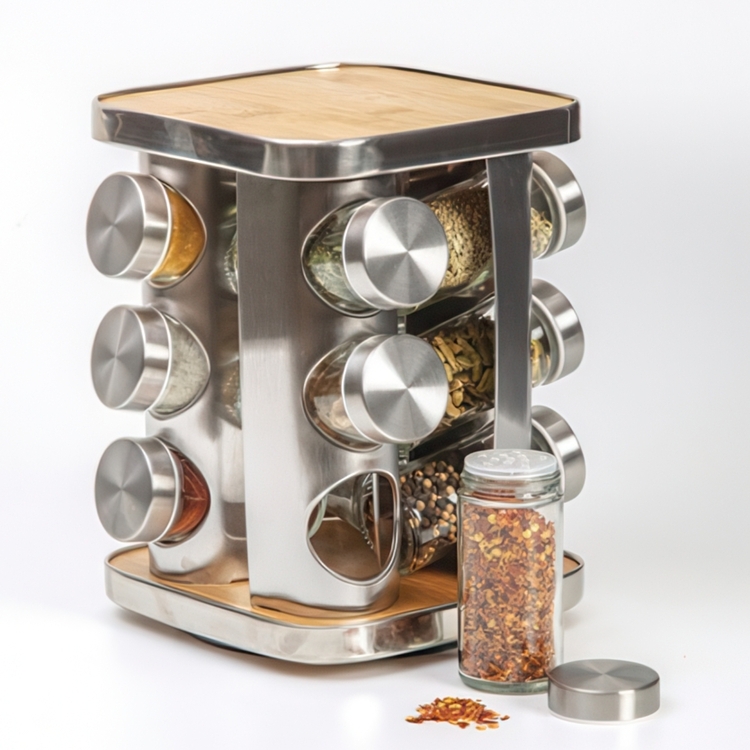 Snurrställ för Kryddor, 12 burkar, BAMBOO ROTATING SPICE RACK, 17 x 17 x H 23 cm , Silver / Natur