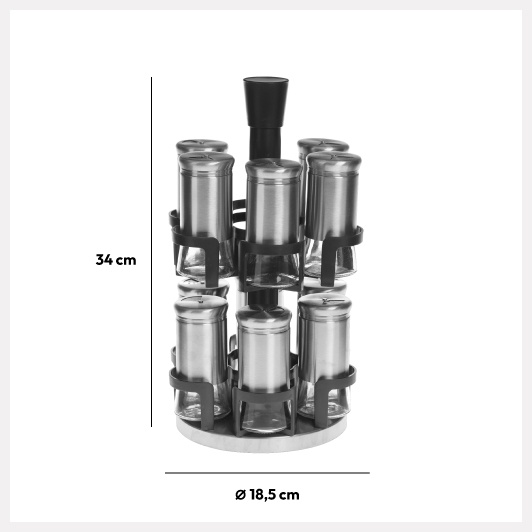 Snurrställ för Kryddor, 12 burkar, REVOLVING SPICE RACK, Ø 20 x H 34,2 cm , Grå / Silver / Klar