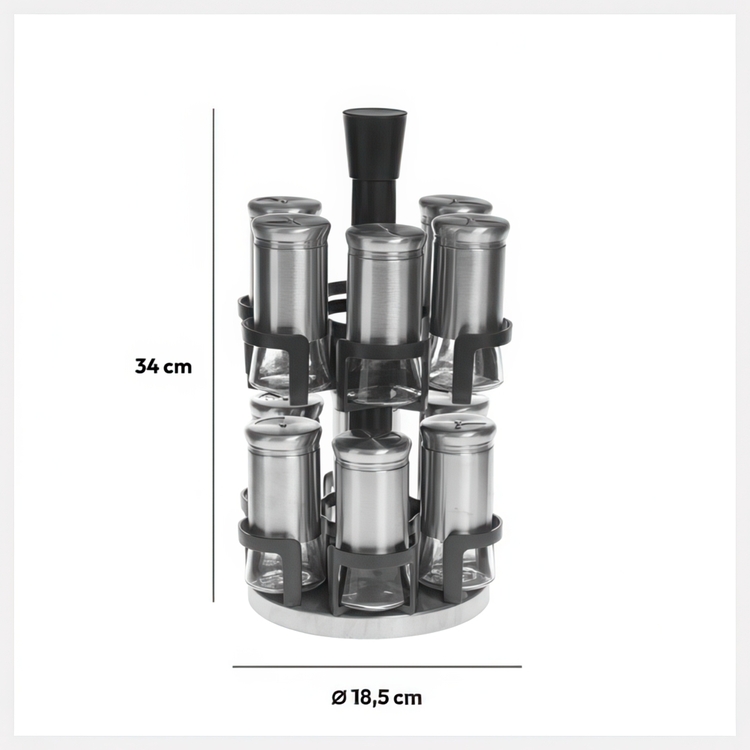 Snurrställ för Kryddor, 12 burkar, REVOLVING SPICE RACK, Ø 20 x H 34,2 cm , Grå / Silver / Klar
