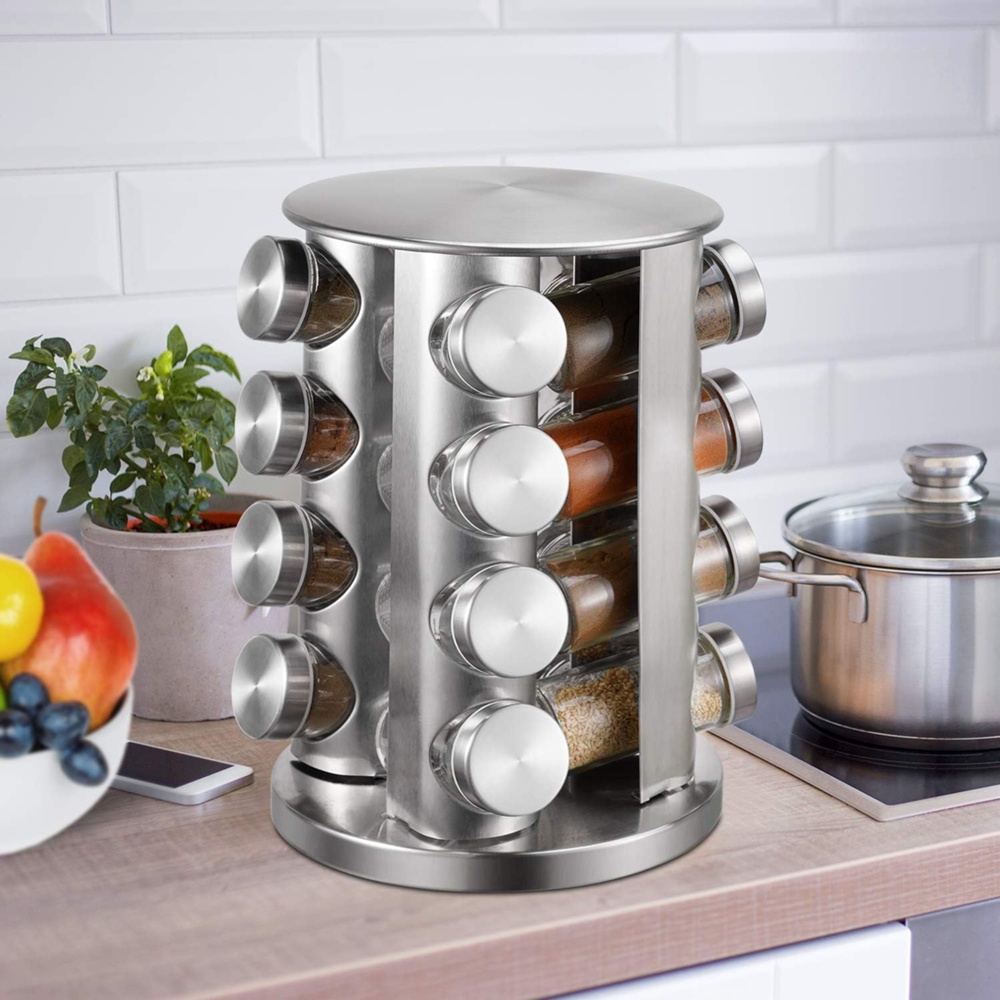 Snurrställ för Kryddor, 16 burkar, ROTATING SPICE RACK, Ø 21 x H 28,5 cm , Silver / Klar