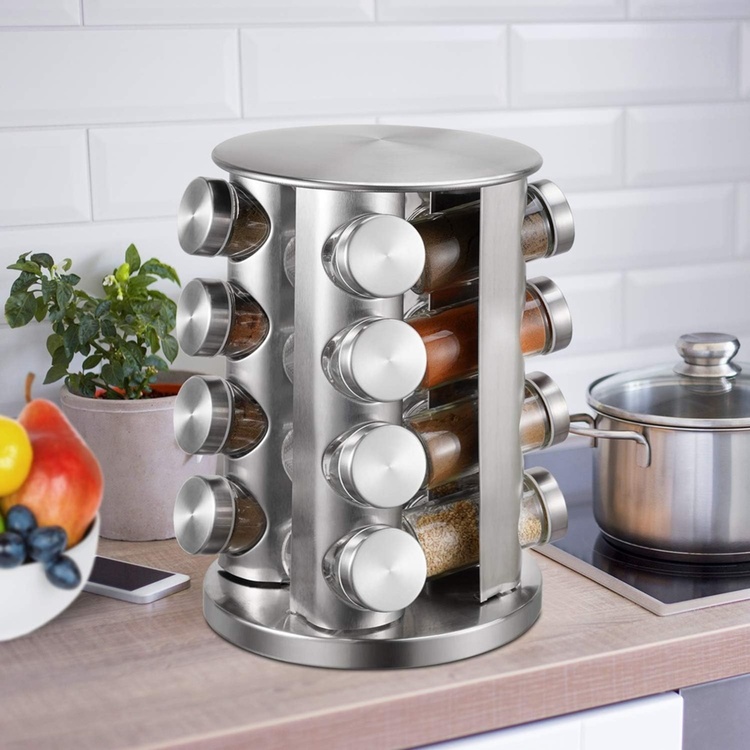 Snurrställ för Kryddor, 16 burkar, ROTATING SPICE RACK, Ø 21 x H 28,5 cm , Silver / Klar