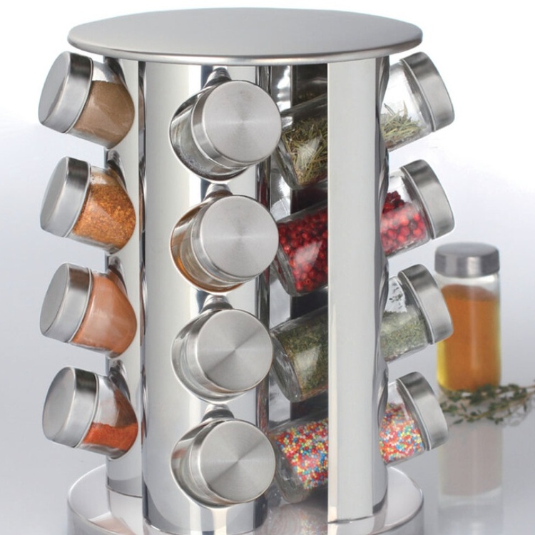 Snurrställ för Kryddor, 16 burkar, ROTATING SPICE RACK, Ø 21 x H 28,5 cm , Silver / Klar
