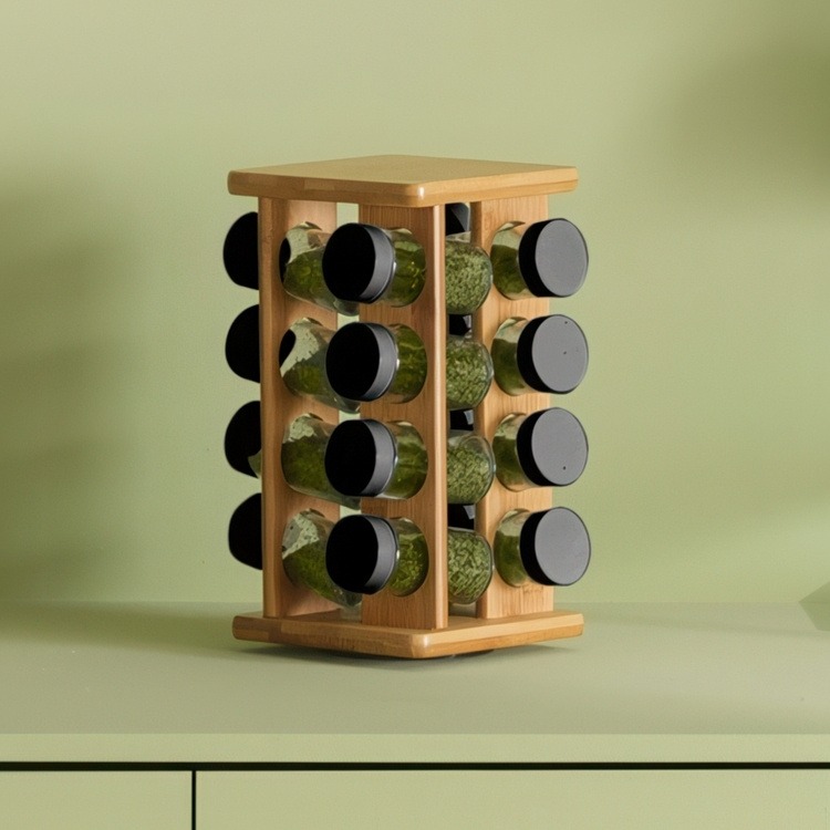 Snurrställ för Kryddor, 16 burkar, ALL BAMBOO SQUARE ROTATING SPICE RACK, 18 x 18 x H 29 cm, Natur