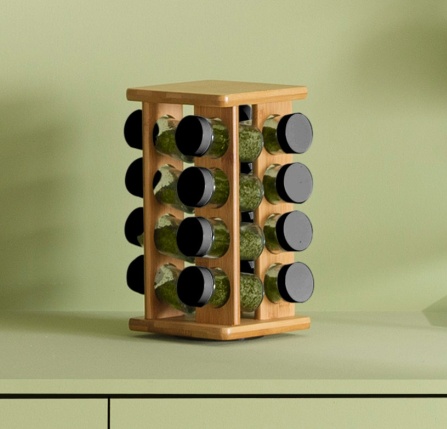 Snurrställ för Kryddor, 16 burkar, ALL BAMBOO SQUARE ROTATING SPICE RACK, 18 x 18 x H 29 cm, Natur