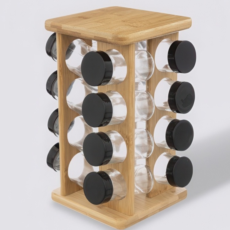 Snurrställ för Kryddor, 16 burkar, ALL BAMBOO SQUARE ROTATING SPICE RACK, 18 x 18 x H 29 cm, Natur