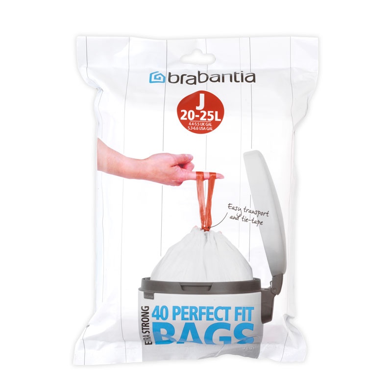Soppåsar med dragband, Extra starka, 20-25 L, 40 st, BRABANTIA BIN LINERS CODE J, Vit / Röd