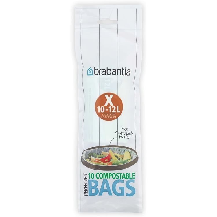 Soppåsar med dragband, Komposterbara, 10 -12 L, 10 st, BRABANTIA BIN LINERS CODE X, Vit / brun