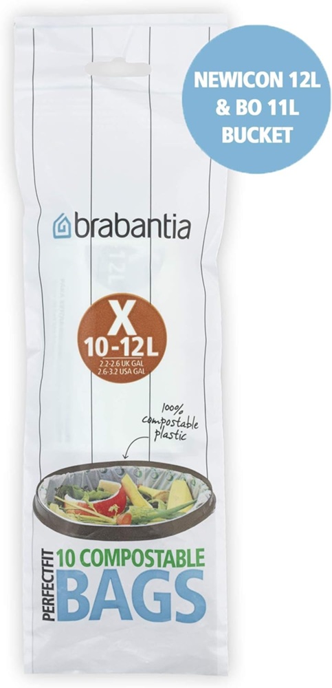 Soppåsar med dragband, Komposterbara, 10 -12 L, 10 st, BRABANTIA BIN LINERS CODE X, Vit / brun