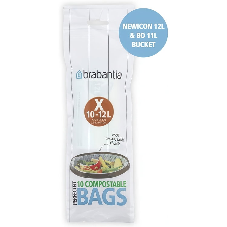 Soppåsar med dragband, Komposterbara, 10 -12 L, 10 st, BRABANTIA BIN LINERS CODE X, Vit / brun