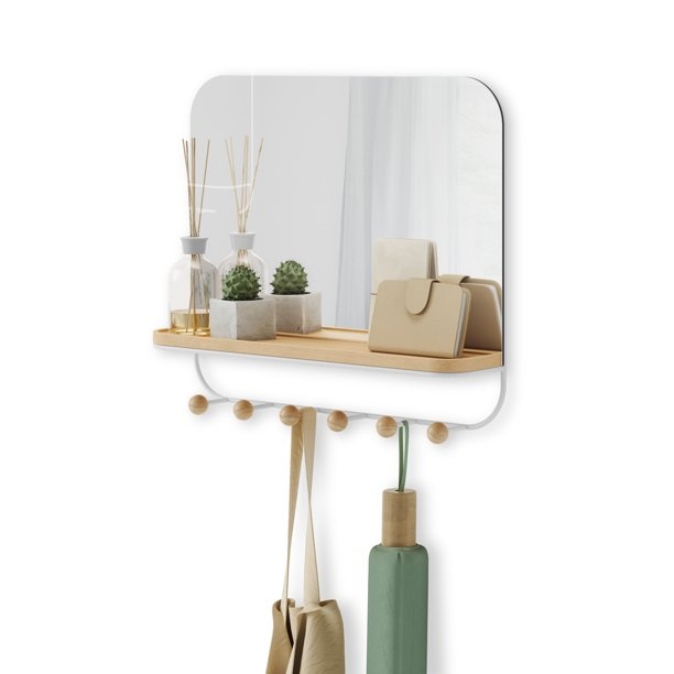 Spegel med Hylla och 6 krokar, ESTIQUE, Umbra, 46 x 10 x H 41 cm, Vit / Natur