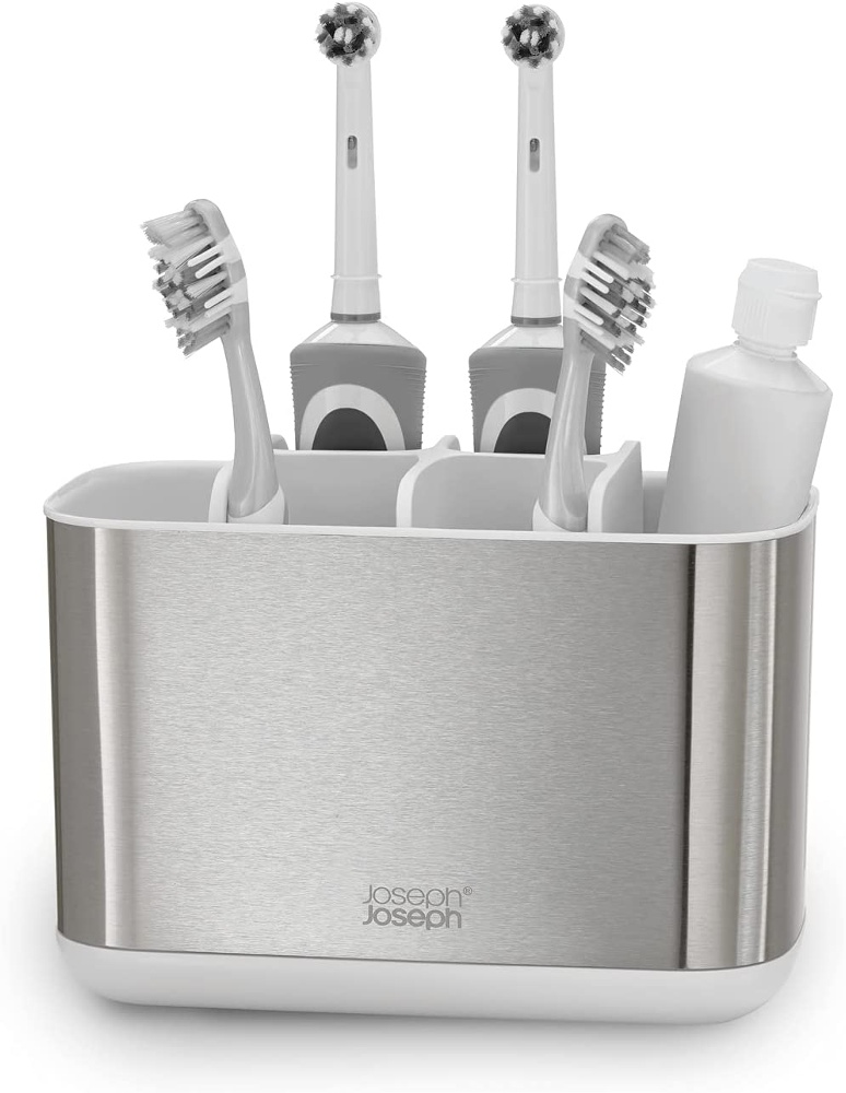 Ställ för eltandborstar, EASY STORE STEEL, 18 x 9 x H 11,5 cm, Joseph Joseph, Rostfritt stål / Vit