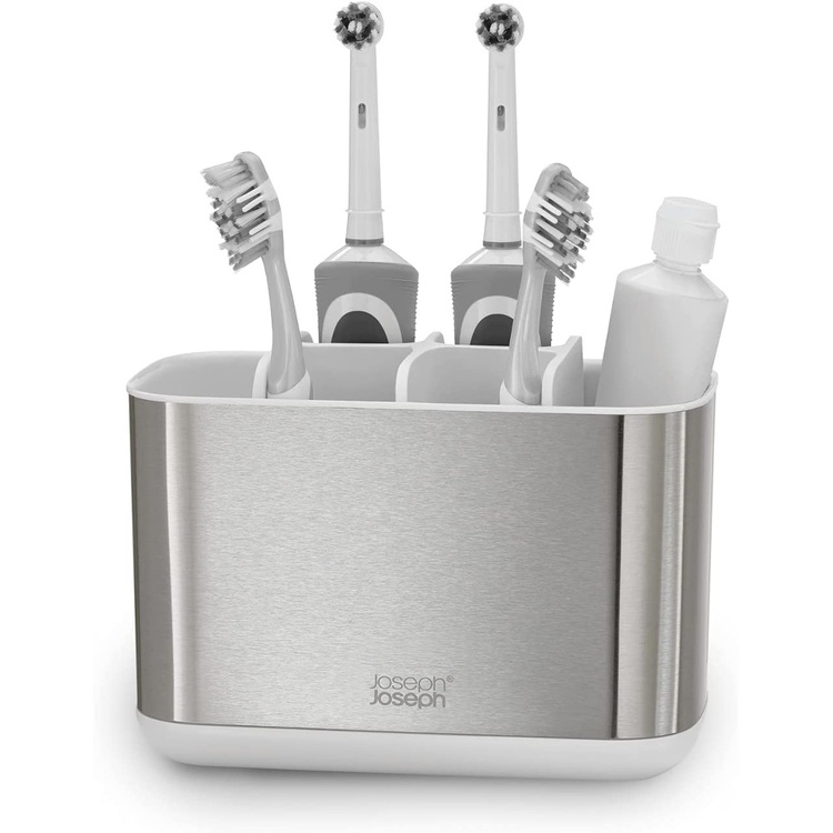Ställ för eltandborstar, EASY STORE STEEL, 18 x 9 x H 11,5 cm, Joseph Joseph, Rostfritt stål / Vit