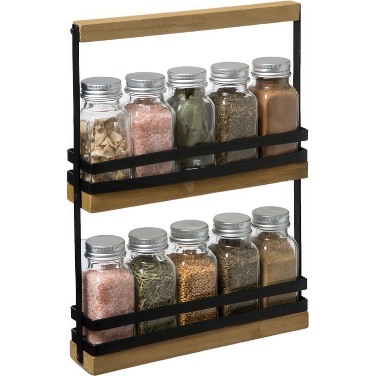 Ställ med Kryddor, 10 burkar, SLIM SPICE RACK, 22 x 4,7 x H. 29,5 cm, Svart / Natur