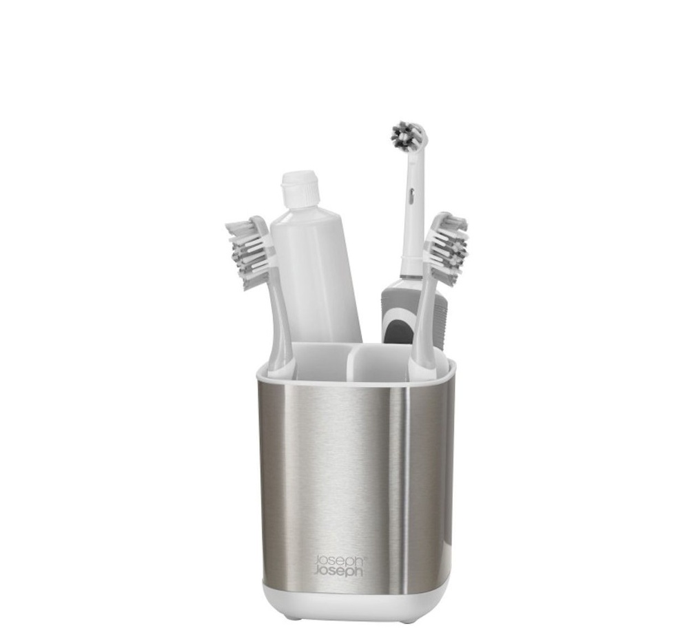 Tandborstmugg för eltandborstar, EASY STORE STEEL, 9 x 9 x H 12,7 cm , Joseph Joseph, Rostfritt / Vit