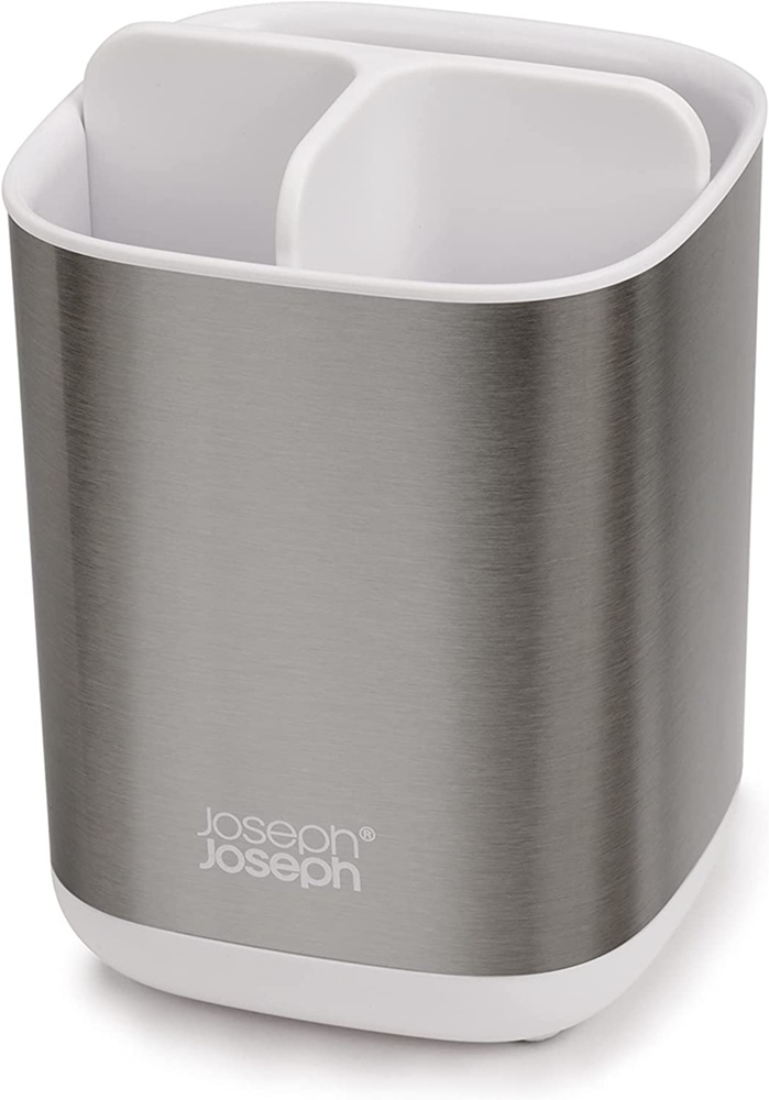 Tandborstmugg för eltandborstar, EASY STORE STEEL, 9 x 9 x H 12,7 cm , Joseph Joseph, Rostfritt / Vit