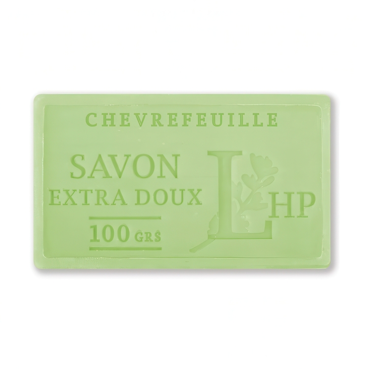 Tvål med doft av Kaprifol, 100 g, SAVON DE MARSEILLE CHÈVREFEUILLE, 8,5 x 5 x H 2,5 cm, Ljusgrön