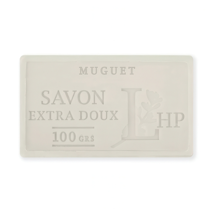 Tvål med doft av Liljekonvalj, 100 g, SAVON DE MARSEILLE MUGUET, 8,5 x 5 x H 2,5 cm, Vit