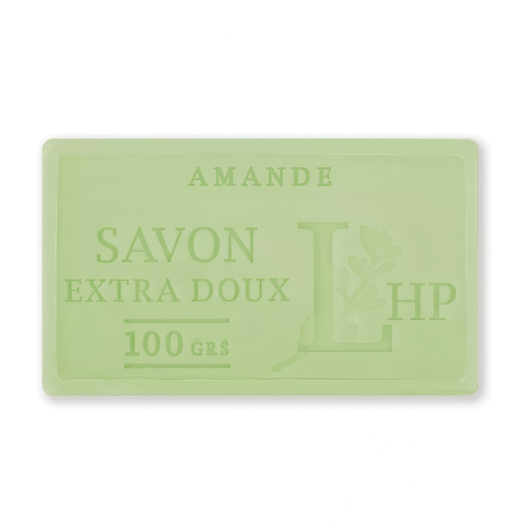 Tvål med doft av Mandel, 100 g, SAVON DE MARSEILLE AMANDE, 8,5 x 5 x H 2,5 cm, Ljusgrön