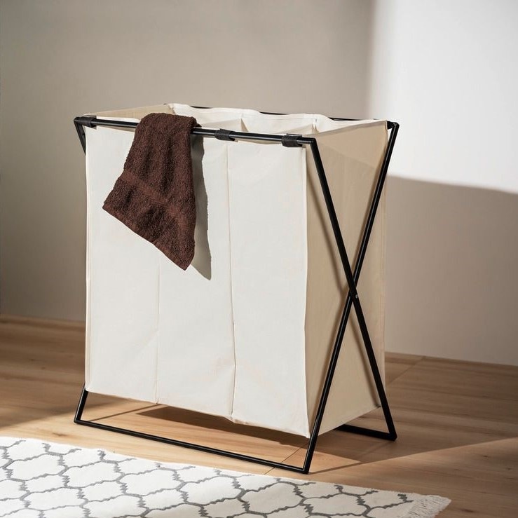 Tvättkorg med 3 fack, 145 L, TRIO XL, 69 x 37 x H 76 cm, Beige / Svart
