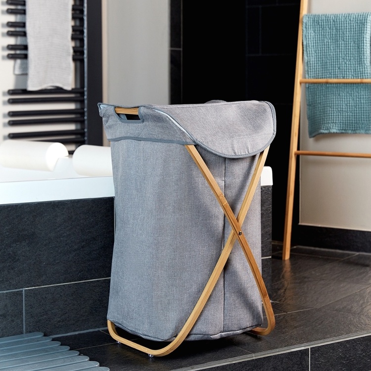 Tvättkorg med bambu ställning, BAHRI, 46 x 30 X H 68 cm, Grå