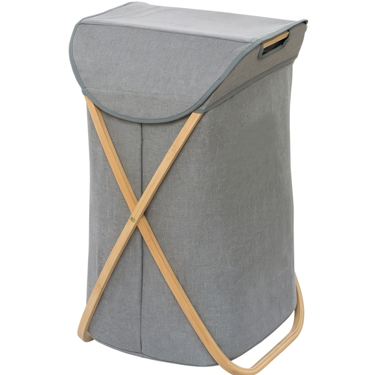 Tvättkorg med bambu ställning, BAHRI, 40 x 30 X H 60 cm, Grå